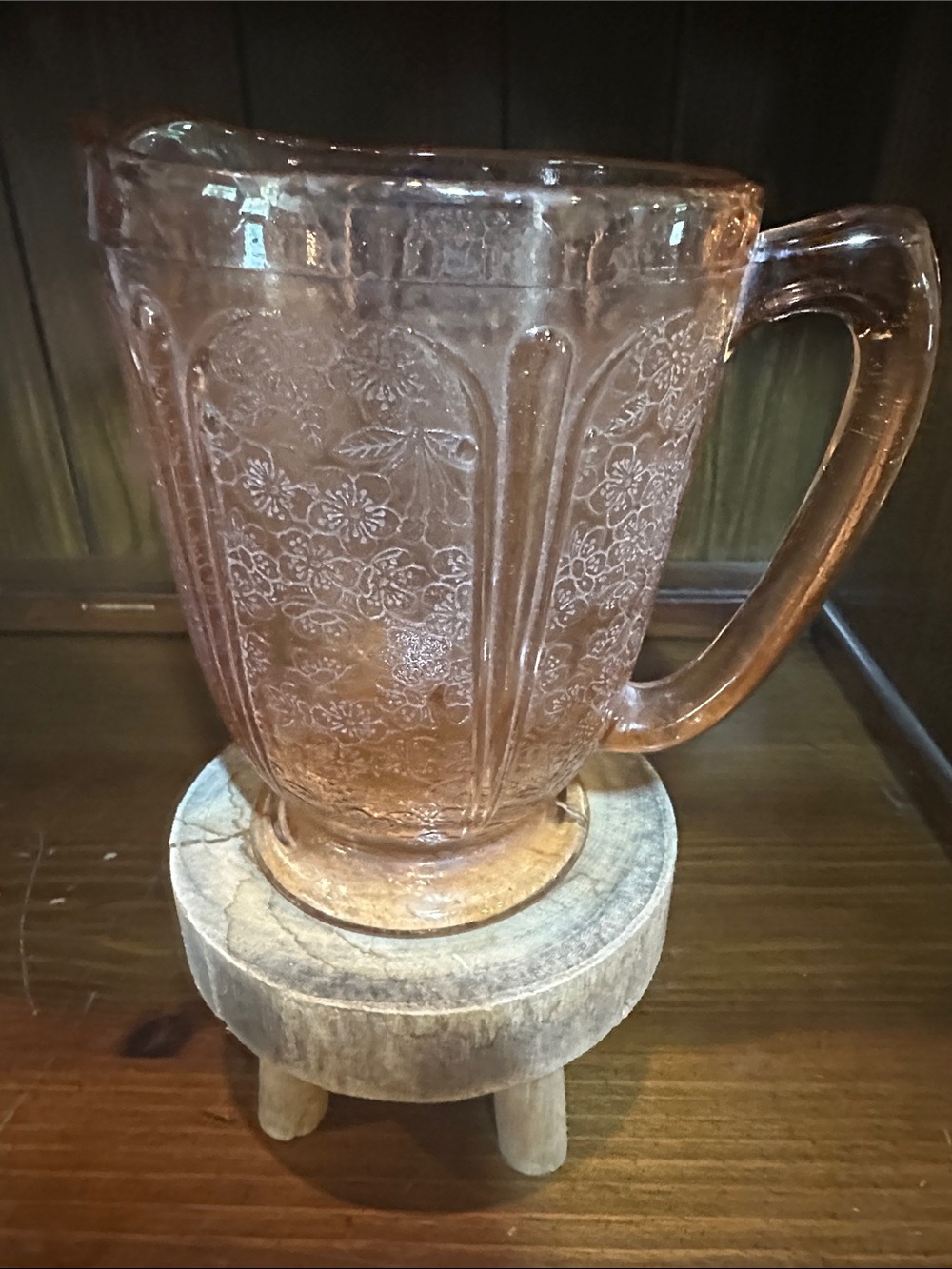 Vintage pink depression glass in cherry blossom design